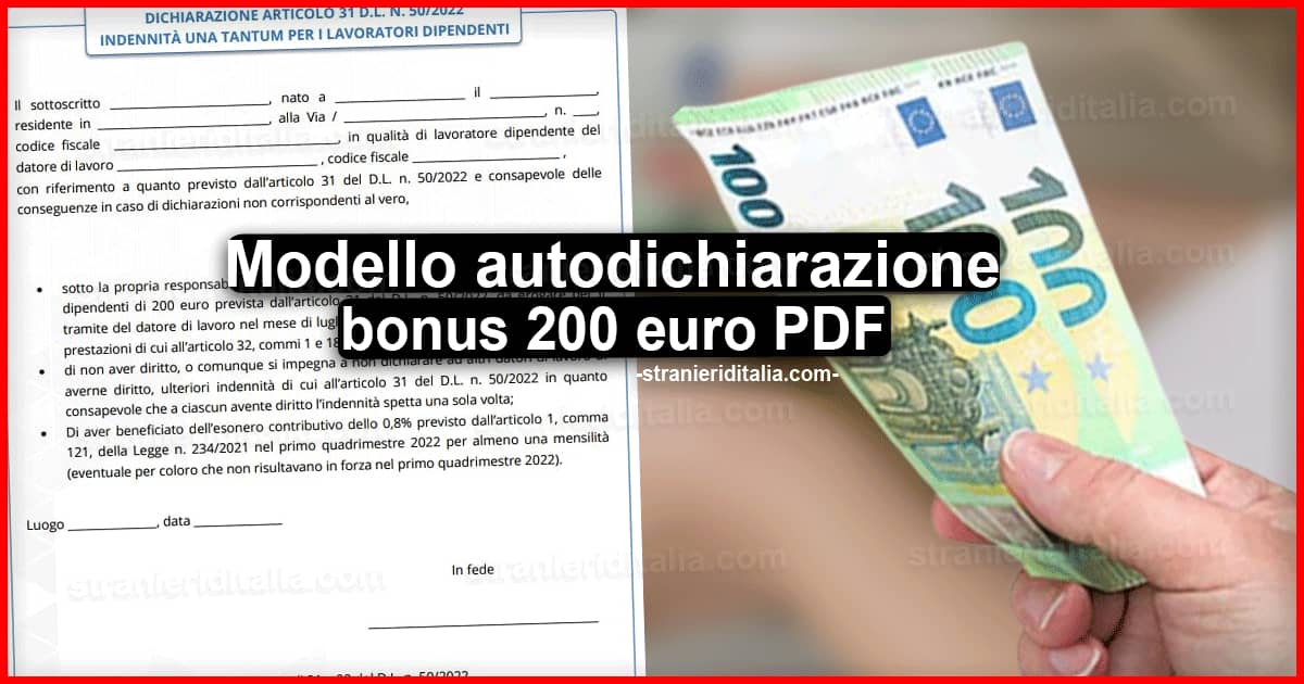 Autocertificazione bonus 200 euro - Scaricare modulo PDF